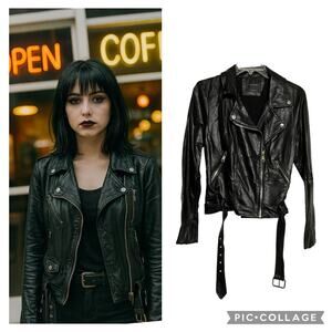 Elodie Black Vegan Leather‎ Moto Biker Jacket - Size Medium (2886)